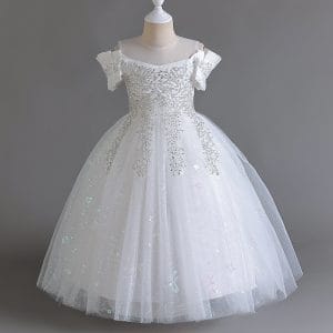 C550 Long Dress For Kid Girl Princess Birthday Party Lace Dresses Short Sleeve