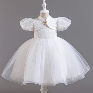 A2403 Kids' and Baby Girls' Elegant Puff Sleeve Dress Tulle Skirt Wedding Birthday Flower Girl Dress