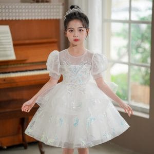 D2216 Girls Kids Princess Sequin Party Birthday Dress – Puffy Sleeve Gown for Children's Day Wedding