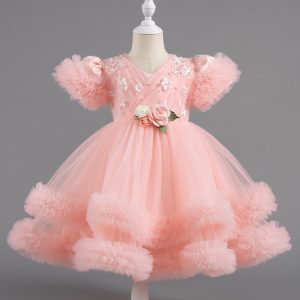 5001 Elegant Princess Puffed Sleeve Kids Girl Dress Comfortable and Soft for Parties and Events