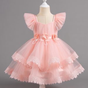 5040 Kids Princess Dress for Weddings Parties and Special Occasions Lace Floral Embellishments Soft Tulle Skirt for Girls