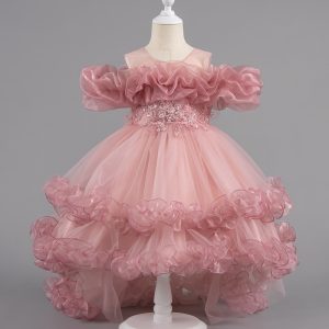 W8019 Girls Princess Dress for Kids 2-10Y Elegant Birthday Party Gown Wedding Formal Event Tulle Dress