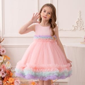 M182 Rainbow Tulle Dress for Kids Girls Cute Colorful Sleeveless Party Dress