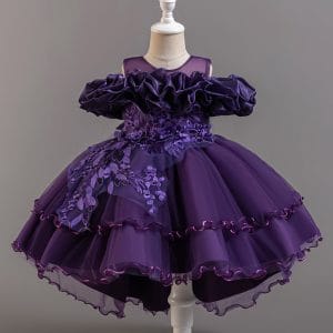 T1326 Girls Princess Dress with Train Lace Ruffle Sleeves Flower Gown for Party Graduation