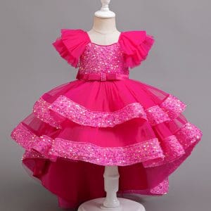 A183 Girls Dress Princess Gown Birthday Party Christmas Trailing Dresses Short Sleeve  Girl
