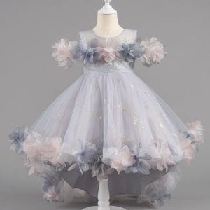 T1342 Girls Princess Dress Sleeveless Flower Tulle Gown  Kids Birthday Party Wedding Outfit